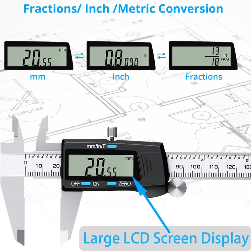  [AUSTRALIA] - eSynic Digital Caliper 150mm/6 Inch Stainless Steel Caliper Electronic Caliper Inch/Metric/Fraction Conversion for Distances Diameter, Depth, Inner Diameter, Outer Diameter, Black... Model A-Black