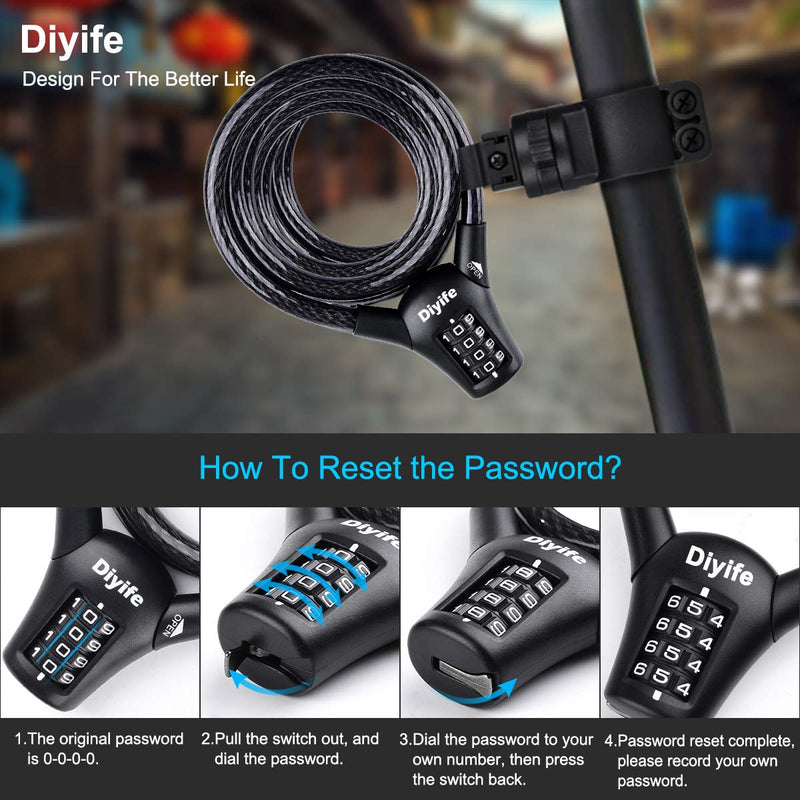  [AUSTRALIA] - Bike Lock, [Reinforce Version] Diyife Bike Cable Lock, Heavy Duty Bicycle Lock, 4-Digit Resettable Combination Cable Lock Best for Bicycle, Motorcycles, Scooters, Outdoors,1.5mx12mm (Real Value)