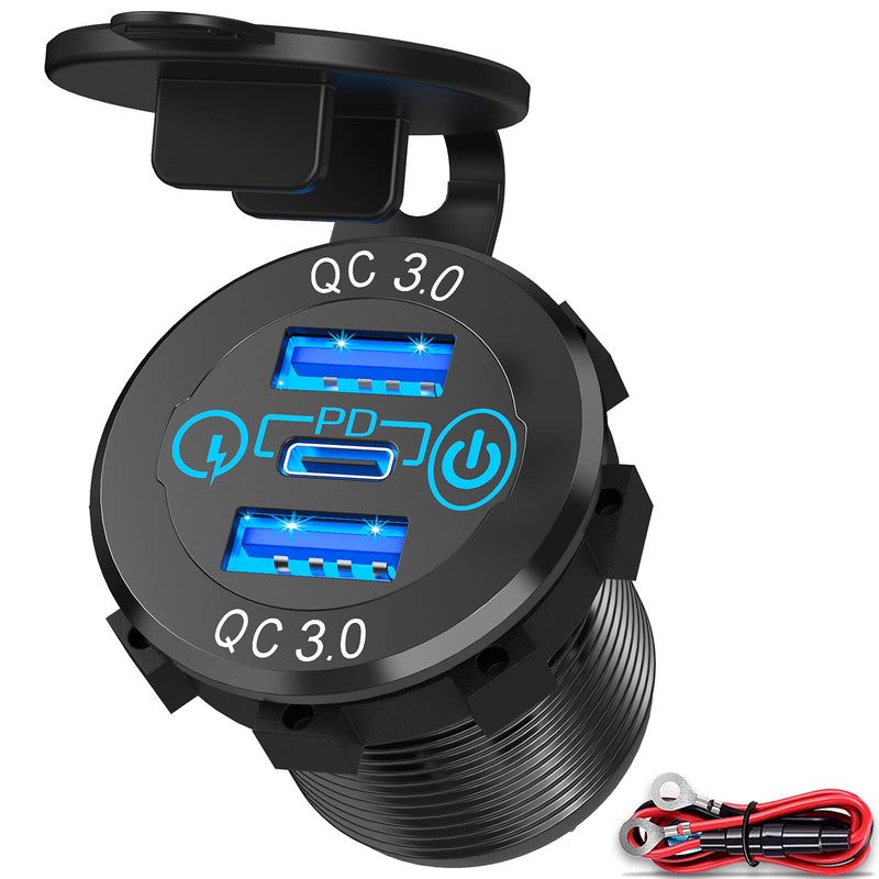  [AUSTRALIA] - 56W USB C Car Charger Socket, Ouffun Aluminum Metal 12V/24V Multiple USB Outlet PD 20W USB-C and Dual QC3.0 Ports with Power Switch Car USB Port 12V Socket for Car RV Boat Marine Truck Golf Motorcycle