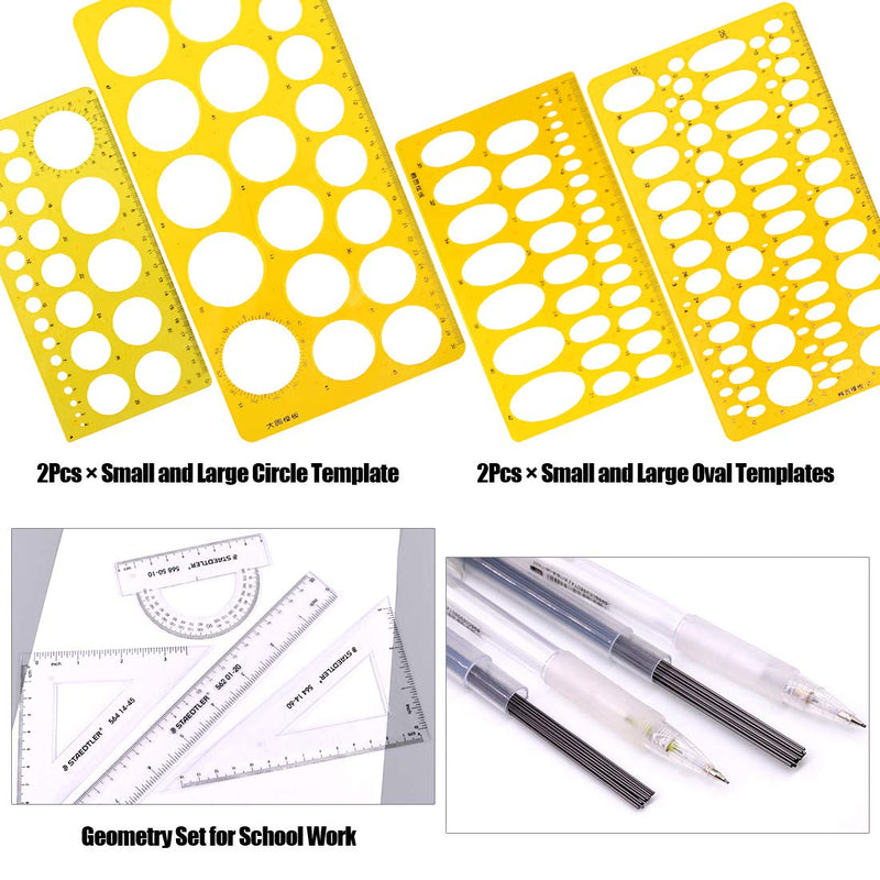 Keadic 10 Pieces Small and Large Plastic Circle and Oval Templates Measuring Rulers with Mechanical Pencils and Spare Pencil Lead for Office Class or Personal Paintings - LeoForward Australia
