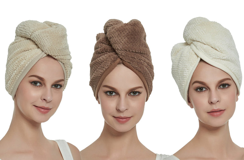 HOPESHINE Women's Soft Shower Hair Drying Towels Twist Hair Turban Wrap Drying Cap Great Gift for Women (Brown+Khaki+Off White) Brown+khaki+off White 3-pack - LeoForward Australia