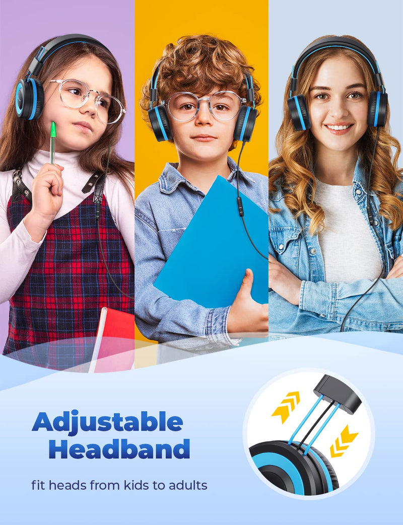  [AUSTRALIA] - iClever HS14 Kids Headphones, Headphones for Kids with 94dB Volume Limited for Boys Girls, Adjustable Headband, Foldable, Child Headphones on Ear for Study Tablet Airplane School, Black, Blue