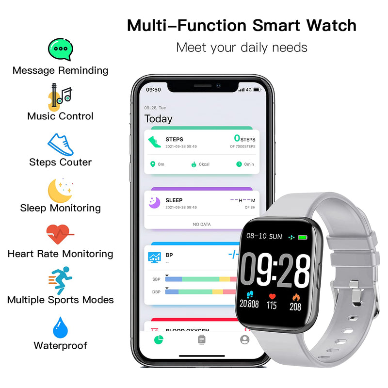  [AUSTRALIA] - Smart Watch, 1.69'' Smartwatch for Android Phones and iOS Phones Compatible with iPhone Samsung, IP68 Waterproof Fitness Tracker with Heart Rate and Sleep Monitor Smart Watches for Men Women Gray