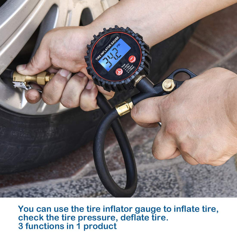  [AUSTRALIA] - CZC AUTO Digital Tire Inflator Pressure Gauge, LED Display Tyre Deflator Gage with Straight Brass Lock-on Chuck Rubber Hose, Compatible with Air Pump Compressor for Truck Bus RV Car Motorcycle Bike