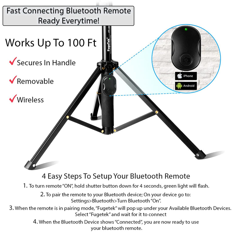 Fugetek 51" Professional Selfie Stick & Tripod, Phone Holder, Extendable, Bluetooth Remote, Portable All in One, Heavy Duty Aluminum, Compatible with iPhone & Android Devices, Non Skid Feet, Black - LeoForward Australia