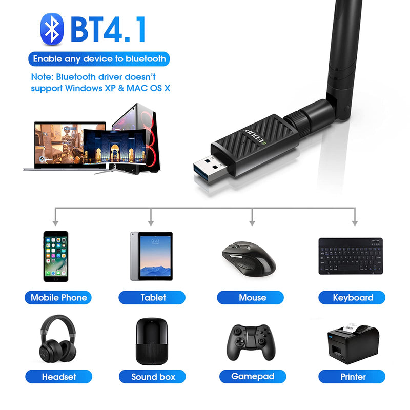  [AUSTRALIA] - EDUP USB 3.0 Bluetooth WiFi Adapter AC1200Mbps 6dBi Antenna for PC, USB Wi-Fi Dongle Bluetooth 4.1 Receiver 2.4G/5Ghz Wireless Network Adapters for Windows 10/8/8.1/7, Mac OS X 10.6-10.15
