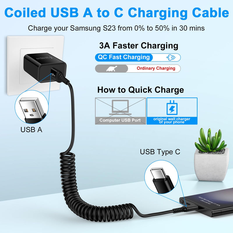  [AUSTRALIA] - USB C Cable Fast Charging Android Charger Type C Auto Coiled Retractable Phone Car Cord 2 Pack 3ft 6ft for Google Pixel 7a 7 Pro Samsung Galaxy A54 A14 A13 5G A53 S23 S22 S21 S20 A03s A23 A12 A32 A24