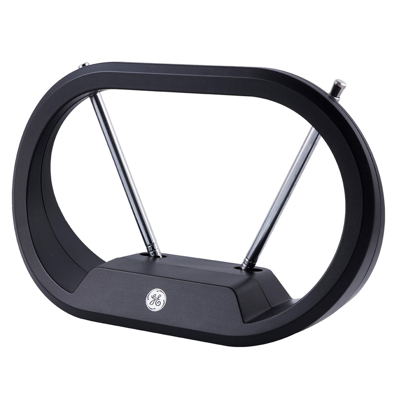  [AUSTRALIA] - GE Modern Loop Rabbit Ears Indoor TV Antenna, 15 inch Extendable Dipoles, 4K 1080P VHF UHF, Tabletop Antenna, Digital HDTV Antenna, Smart TV Compatible, 4ft Coaxial Cable, Black, 33675 Modern Loop Design