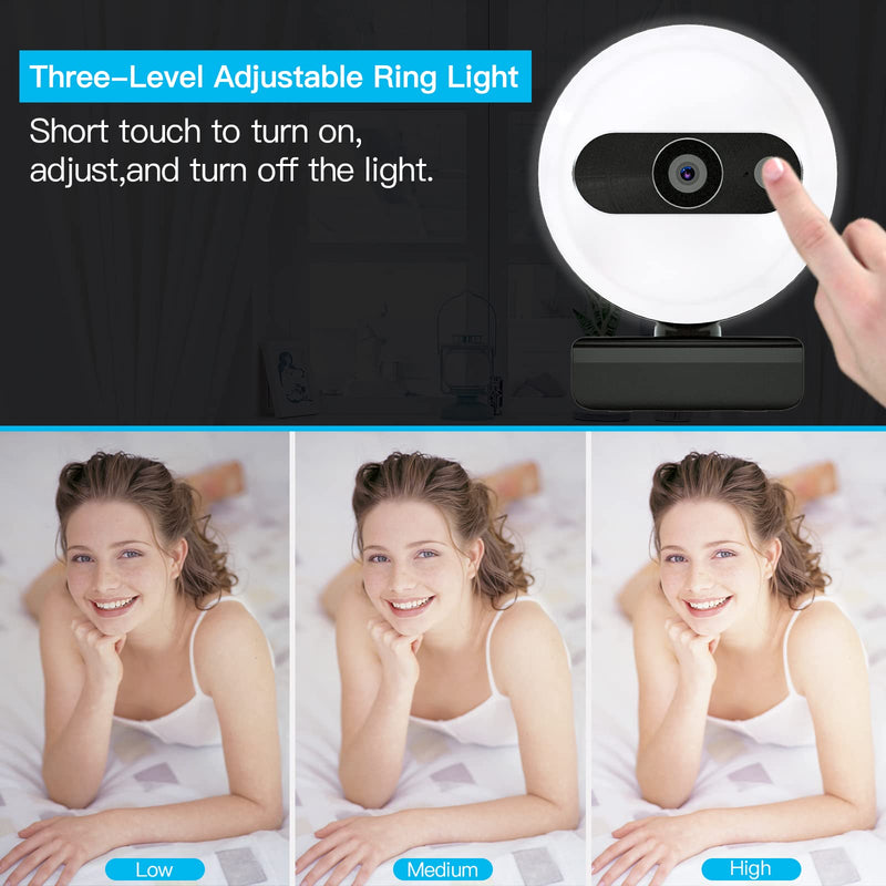  [AUSTRALIA] - 2K Streaming Webcam with Ring Light and Microphone, Webcam Cover, Adjustable 3-Level Brightness,USB Streaming Webcam Advanced Autofocus for PC Desktop Laptop