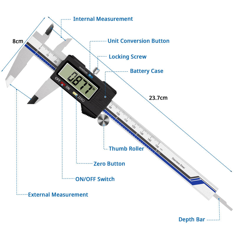  [AUSTRALIA] - Vernier caliper digital caliper, RISEMART waterproof electronic caliper stainless steel with large LCD display with spare battery measuring tools for household and industry measuring gauge SteelDE