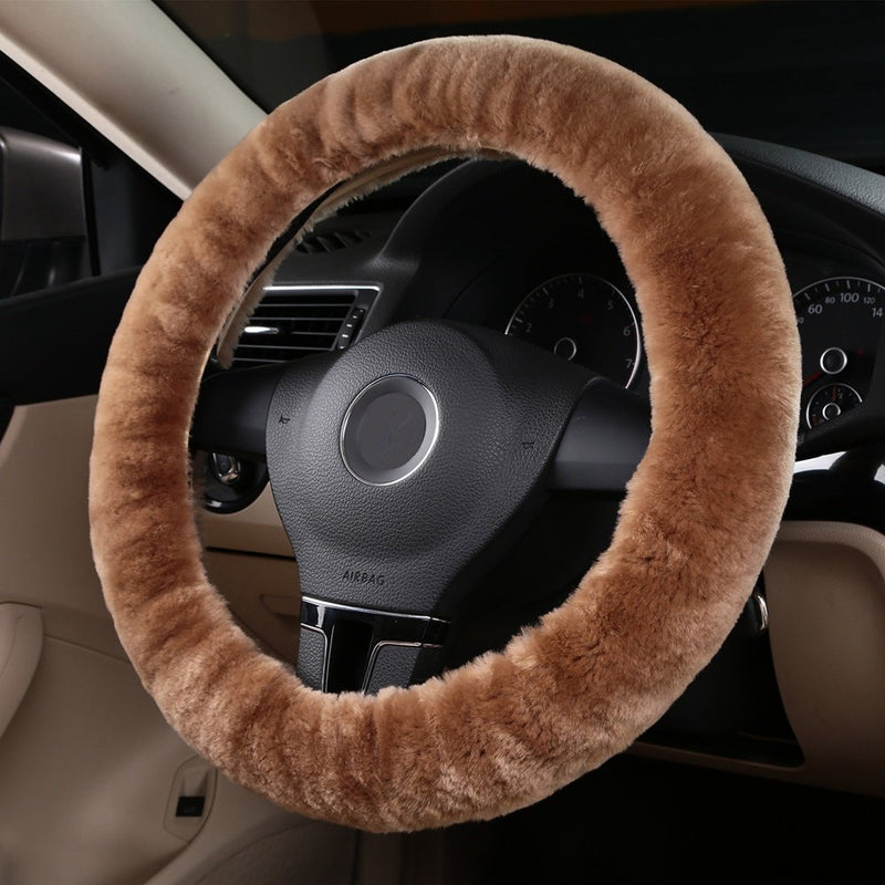  [AUSTRALIA] - Dotesy Pure Wool Auto Steering Wheel Cover Genuine Sheepskin Great Grip Anti-Slip Car Steering Wheel Cushion Protector Universal 15 inch for Car,Truck,SUV,etc. (Tan) tan