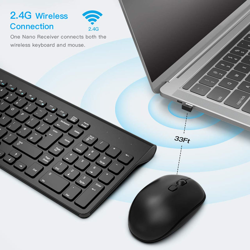 Wireless Keyboard Mouse Combo, WisFox 2.4GHz Slim Full Size Wireless Keyboard and Mouse Set with Number Pad and Nano Receiver for PC Laptop Windows, Quiet and Ergonomic (Black) Black - LeoForward Australia