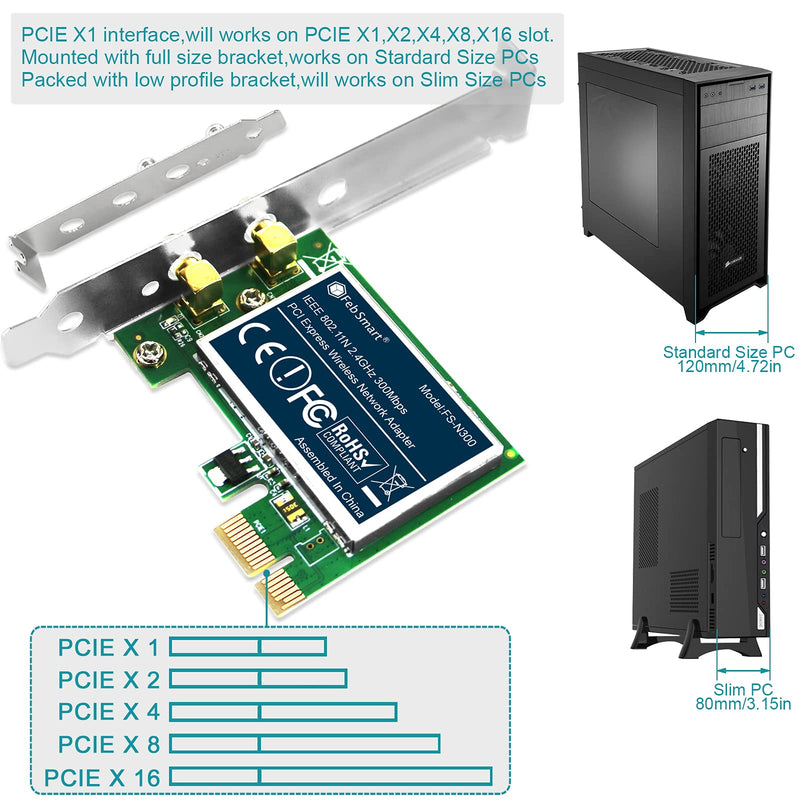  [AUSTRALIA] - FebSmart Wireless Dual Band N600 (2.4GHz 300Mbps or 5GHz 300Mbps) PCI Express Wi-Fi Adapter for Windows XP 7 8 8.1 10 Server System (32/64bit) Desktop PCs-2-Stream MIMO PCIE Wi-Fi Card (FS-N600)