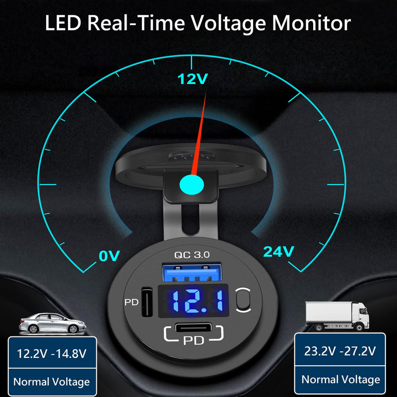  [AUSTRALIA] - 12V USB Charger Socket OUFFUN Dual 30W PD3.0 USB C Port and 18W QC3.0 12 Volt USB Outlet with Voltmeter and Power Switch, Waterproof Cigarette Lighter Replacement DIY Kit for Car Marine Truck RV, etc.