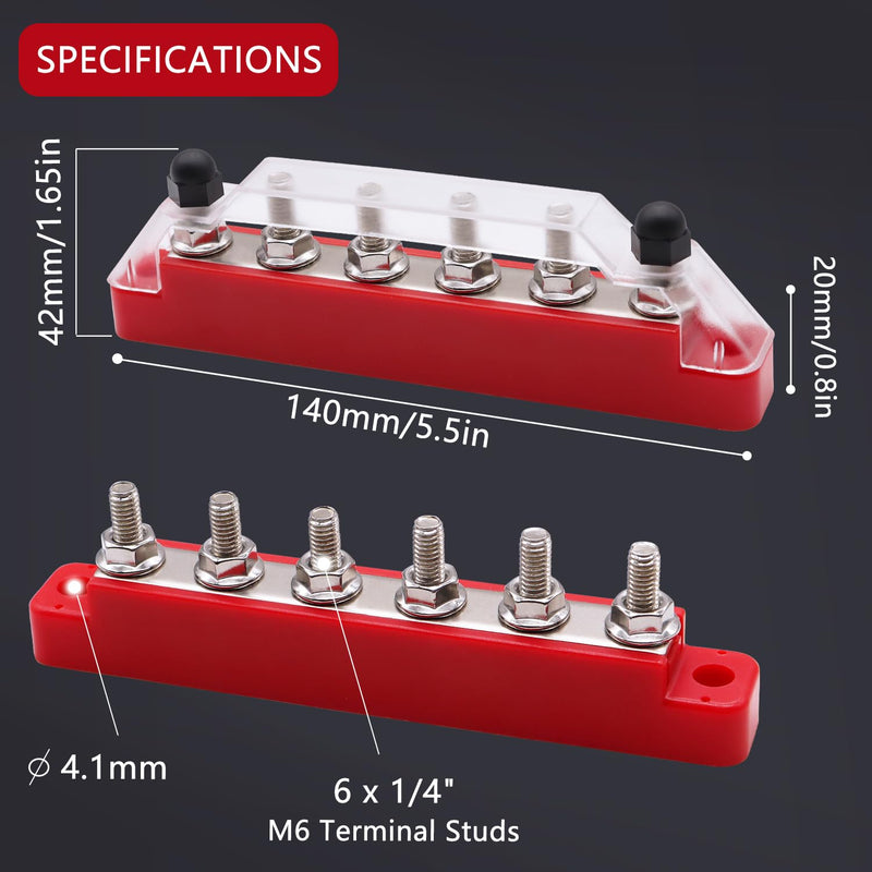  [AUSTRALIA] - Aienxn Battery Bus Bar 6 x 1/4" (M6) Terminal Studs 12V Power Distribution Block with Cover and Ring Terminals, Max 300V AC 48V DC Positive & Negative Battery for Car and Boat (Black+Red) Q-O-078