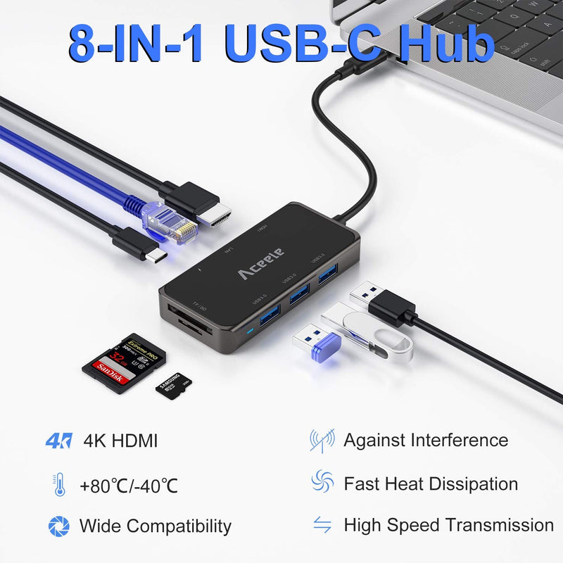  [AUSTRALIA] - USB C Hub, Aceele 8-in-1 Multiport USB C Adapter with 4K USB C to HDMI, 3 USB 3.0 Ports, Gigabit Ethernet Adapter, PD Charging Port, SD/TF Card Reader, for Thunderbolt 3 Laptops Type-C Mobile Phones 8 in 1