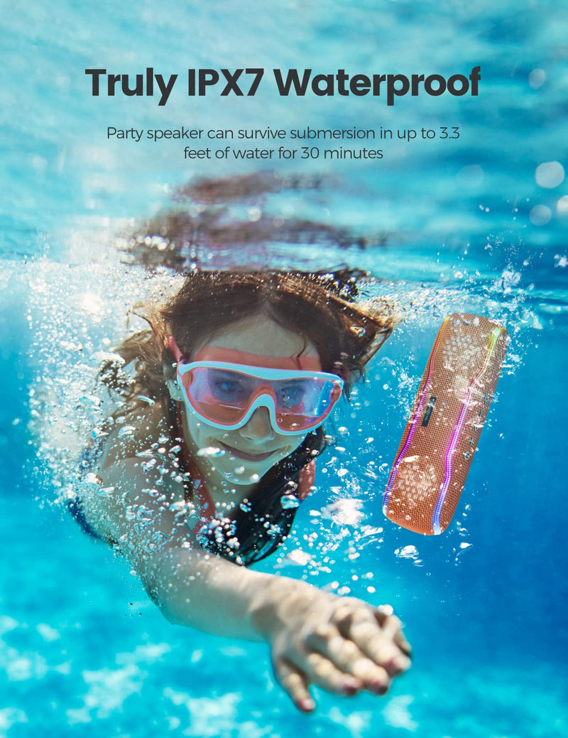  [AUSTRALIA] - ERKEISEHN Bluetooth Speaker, IPX7 Waterproof Wireless Speaker with Colorful Flashing Light, 25W Super Bass with 24H Playtime, 100ft Bluetooth Range, TWS Pairing for Outdoor, Home, Party, Beach, Travel Orange