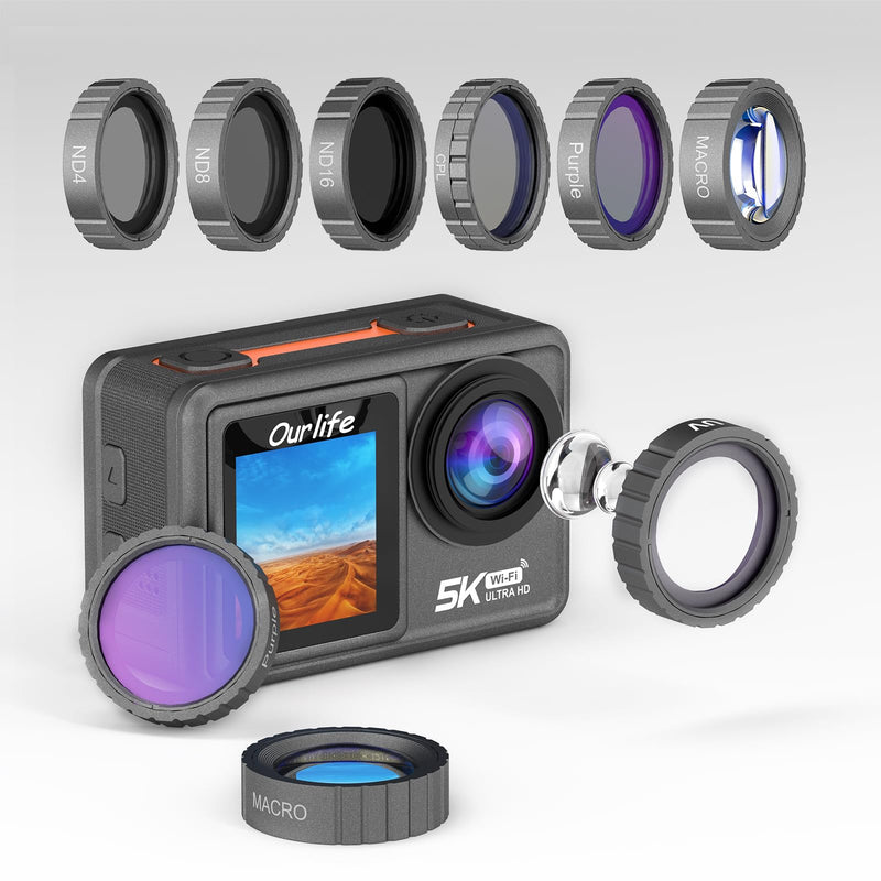  [AUSTRALIA] - 6-in-1 UV Camera Lens Filter for Ourlife S81TR Action Camera, Include ND4, ND8, ND16, CPL, Purple, Macro 6pcs Lens