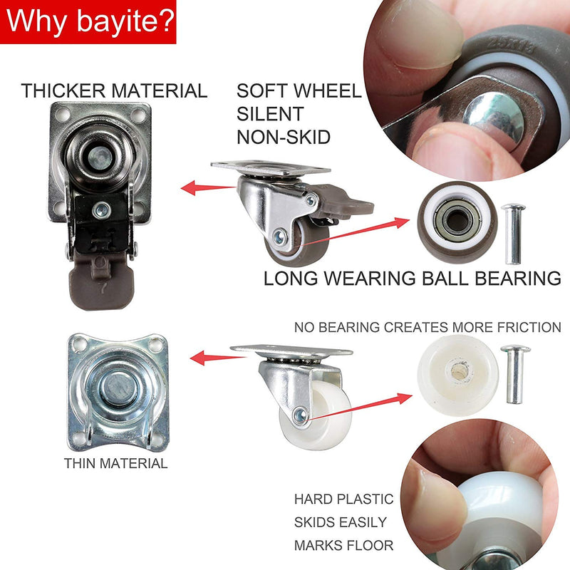  [AUSTRALIA] - bayite 4 Pack 1" Low Profile Casters Wheels Soft Rubber Swivel Caster with 360 Degree Top Plate 100 lb Total Capacity for Set of 4 (2 with Brakes & 2 Without)