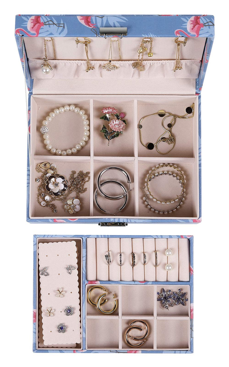  [AUSTRALIA] - misaya Jewelry Box for Women, Floral Jewelry Organizer with 2 Layers, Small Lockable Jewelry Case for Earrings Rings Necklace Bracelet, Blue Flamingo