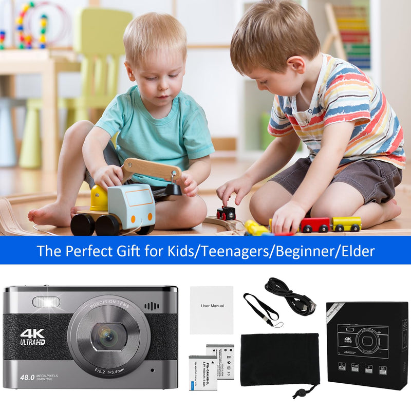  [AUSTRALIA] - Digital Camera, 4K 48MP Digital Camera for Kids Camera with 2.8 inch IPS Screen, Portable Compact Camera with 32GB TF Card and 2 Batteries for Beginners,Students,Teens (Black)