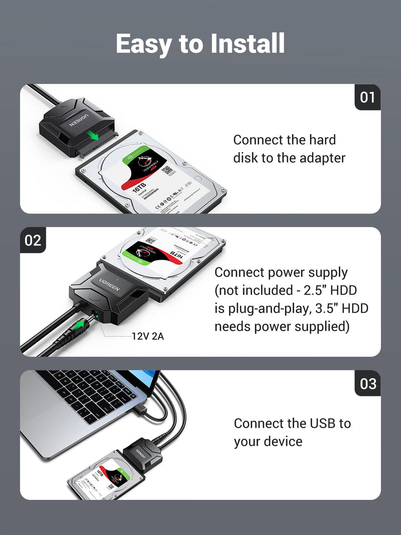  [AUSTRALIA] - UGREEN SATA to USB 3.0 Adapter Cable for 3.5 2.5 Inch SSD HDD SATA III Hard Drive Disk Converter Support UASP Compatible with Samsung Seagate WD Hitachi Toshiba with 12V Power Adapter