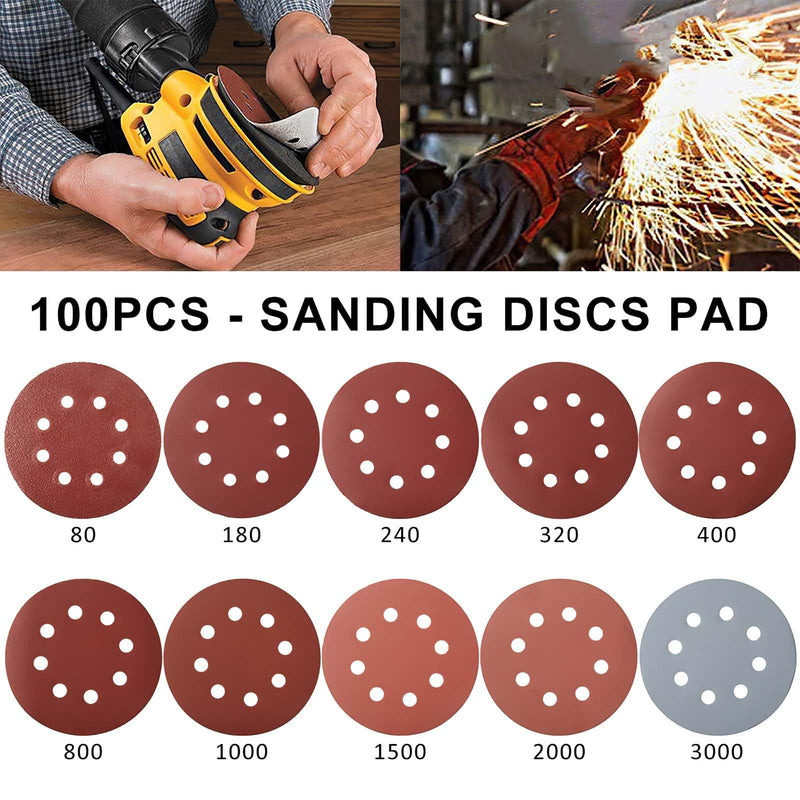  [AUSTRALIA] - WOVTE sandpaper 125mm Velcro, 100 pieces, 8 holes, sanding discs 125mm Velcro, grit 80/180/240/320/400/800/1000/1500/2000/3000 sanding disc, for grinding, milling, engraving