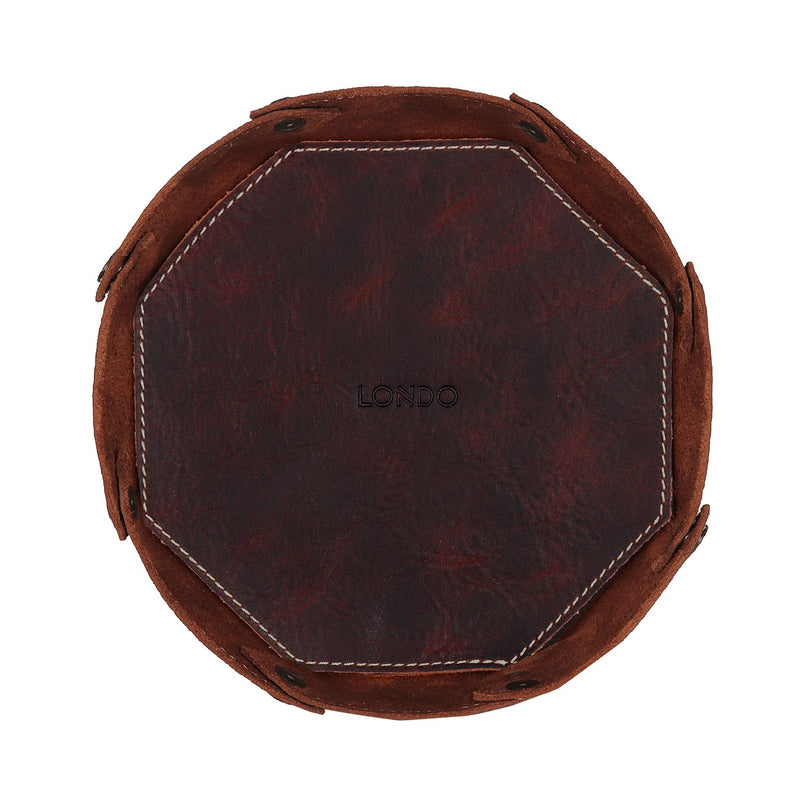  [AUSTRALIA] - LONDO Genuine Leather Round Tray Organizer - Practical Storage Box for Wallets, Watches, Keys, Coins, Cell Phones and Office Equipment (Brown) Brown