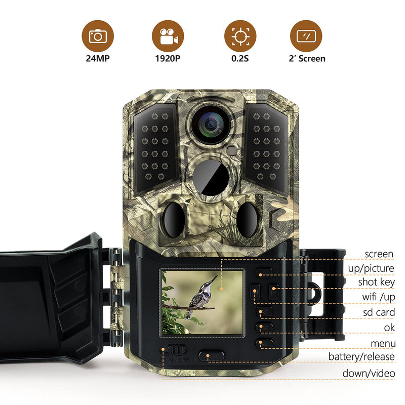  [AUSTRALIA] - Trail Camera 24MP 1920P HD, Hunting Game Camera 0.2s Trigger Time 3 Infrared Sensors ,Deer Camera with 120° 80ft Motion Activated Waterproof for Outdoor Wildlife Monitoring Home Security, 2” LCD Camo