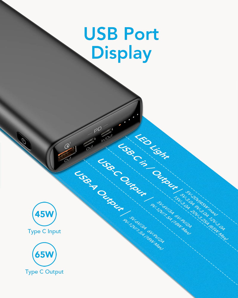  [AUSTRALIA] - Laptop Power Bank,65W PD3.0 Portable Charger for Laptop, QC 3.0 20000mAh Power Bank, VEEKTOMX Fast Charging 3 Outputs Battery Pack for MacBook/iPhone/Switch/Tablet/Samsung Black