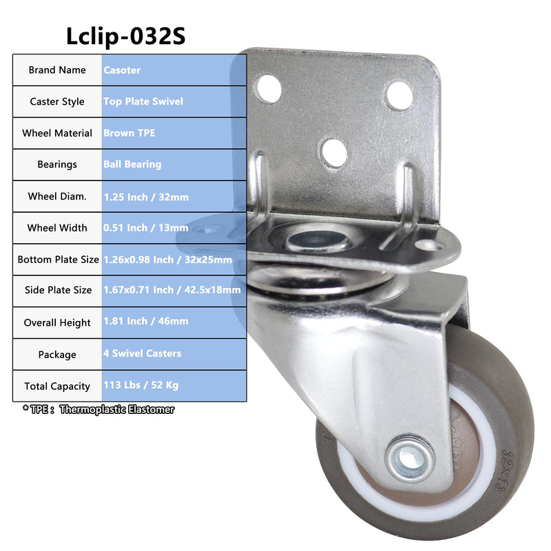  [AUSTRALIA] - Casoter 1.25"(32mm) L-Clip Plate Swivel Caster, Ball Bearing L-Shape Side Mount Plate TPE Rubber Wheel Metal Housing, 4 Pack Total Load Capacity 113Lbs/52Kg for Narrow Install Place of Furniture