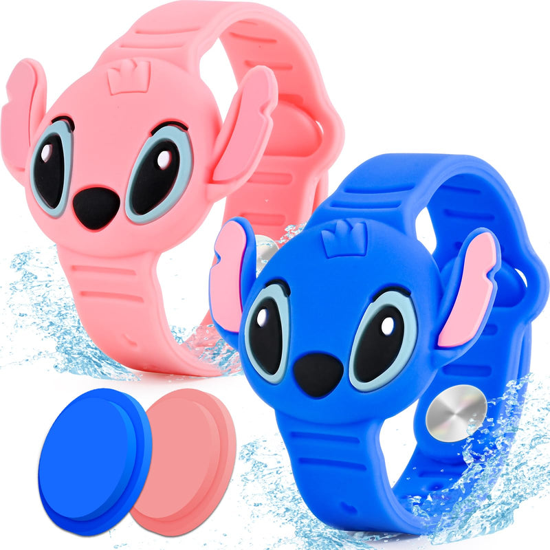  [AUSTRALIA] - 2 Pack AirTag Bracelet for Kids, Waterproof Cute Cartoon Airtag Holder for Kids with Wristband Design, Full Coverage Anti-Lost Silicone Airtag Accessories for Children, Healthy Material (Pink+Blue) Pink+Blue