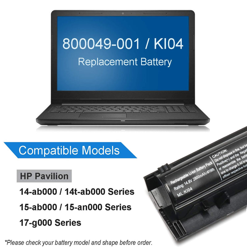  [AUSTRALIA] - 800049-001 KI04 Laptop Battery for HP Pavilion 17-G 15-AB 14-AB Series 17-g121wm 17-g122ds 17-g119dx 17-g113dx 17-g102tx 17-g103dx 15-an050nr 15-ab038tx 15-ab157nr 15-ab292nr 14-ab006tu[2600mAh 14.8V]