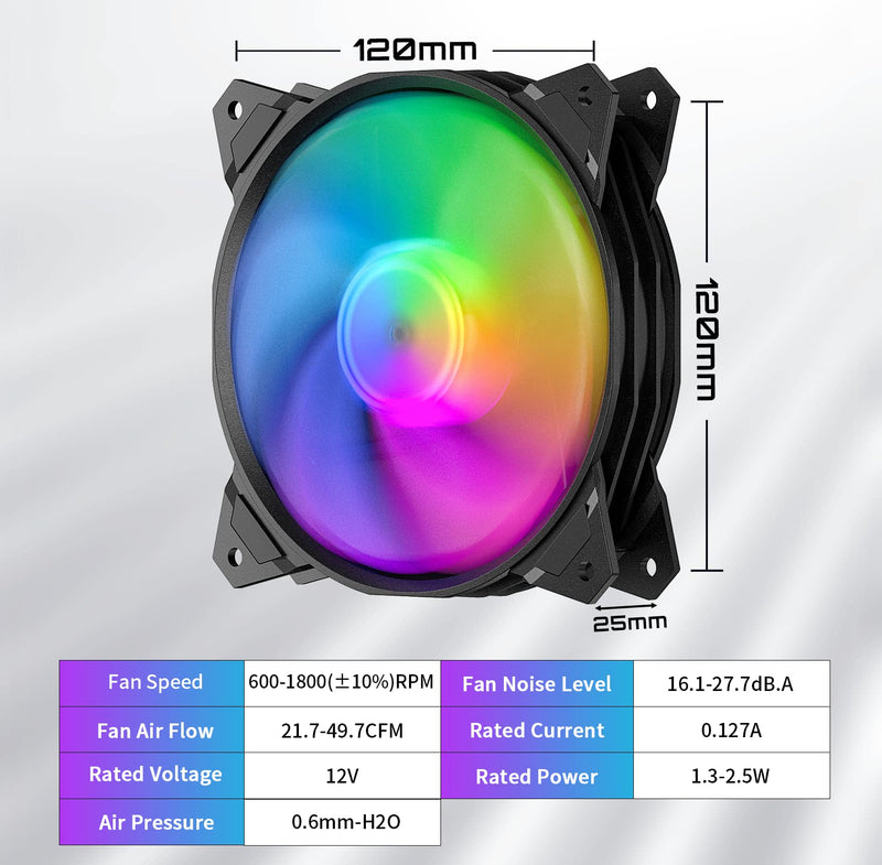  [AUSTRALIA] - upHere Long Life 120mm PWM 4-Pin High Airflow Quiet Edition Rainbow LED Case Fan for PC Cases, CPU Coolers, and Radiators 3-Pack,(PF120CF4-3)