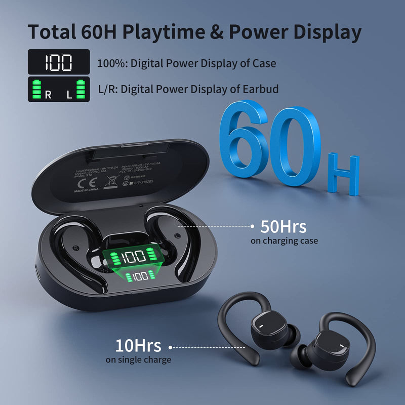  [AUSTRALIA] - Wireless Earbuds Sports Wireless Headphones 4 Mic Clear Calls 60H Playtime Dual LED Power Display Wireless Charging case Flexible Earhooks Earphones IPX7 Waterproof Headsets for Running, Gym Black Over ear