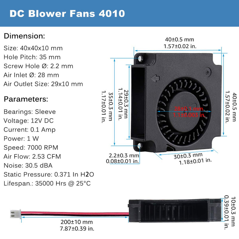  [AUSTRALIA] - GDSTIME Blower Fan 12V 2 Pack 40mm 40x10mm 4010 DC Brushless Cooling for 3D Printer