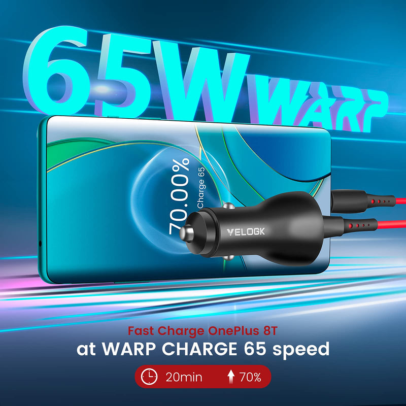  [AUSTRALIA] - VELOGK 65W Warp Car Charger [10V/6.5A] for OnePlus 8T/9R/9/9 Pro/8 Pro/8/7 Pro/7T/7T Pro/6T/5T/Nord N10 5G, Warp Charge 65 Car Charger Adapter with USB A-to-C Warp Charging Cable (1M/3.3ft)