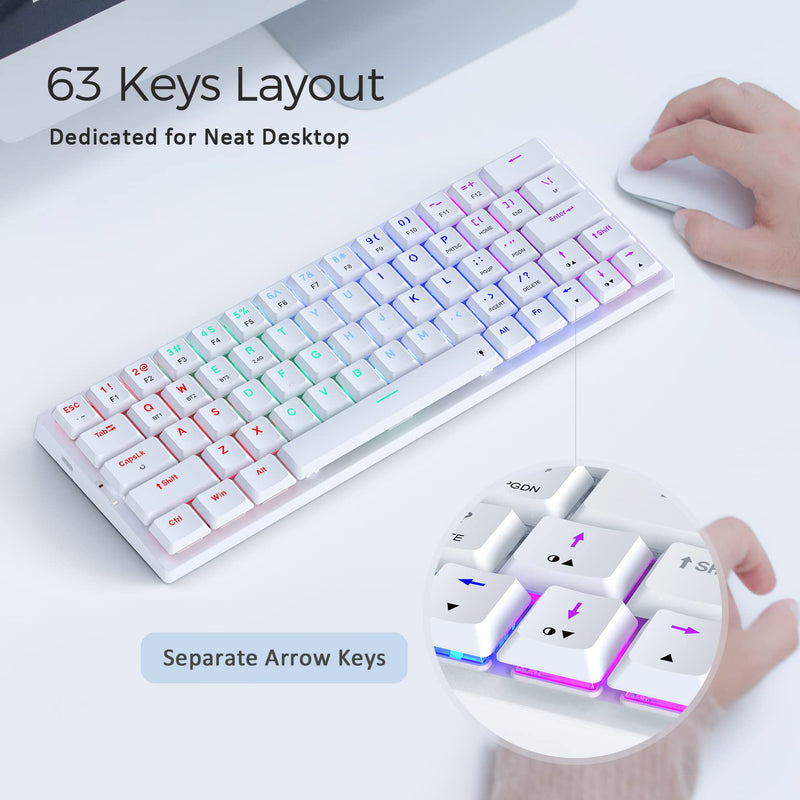  [AUSTRALIA] - 60% Wireless Mechanical Keyboard, Triple Mode 2.4G/Type-C/Bluetooth Mechanical Keyboard, Low Profile, Rainbow Backlit, Blue Switch, 63 Keys Portable Mini Wireless Gaming Keyboard for PC/Mac, White