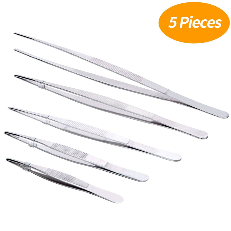  [AUSTRALIA] - Senkary 5 Pieces Stainless Steel Tweezer Set (12" 10" 8" 6.3" 4.9"), Long tweezers with Precision Serrated Tips for Kitchen, Garden, Food