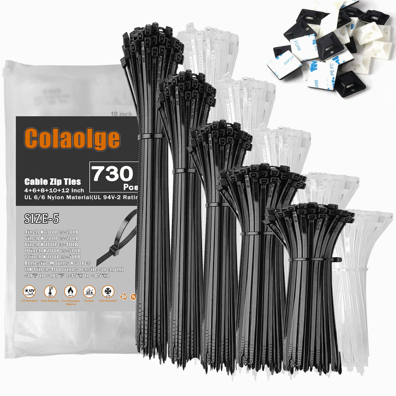  [AUSTRALIA] - Zip Wire Ties 730Pcs Small Cable Zip Ties with Cable Mounts Nylon Zip Cable Ties Assorted Sizes 4+6+8+10+12 Inch, Self-Locking Tie Wraps Perfect for Home Garden Trellis Office Garage Workshop Black+ White-730Pcs
