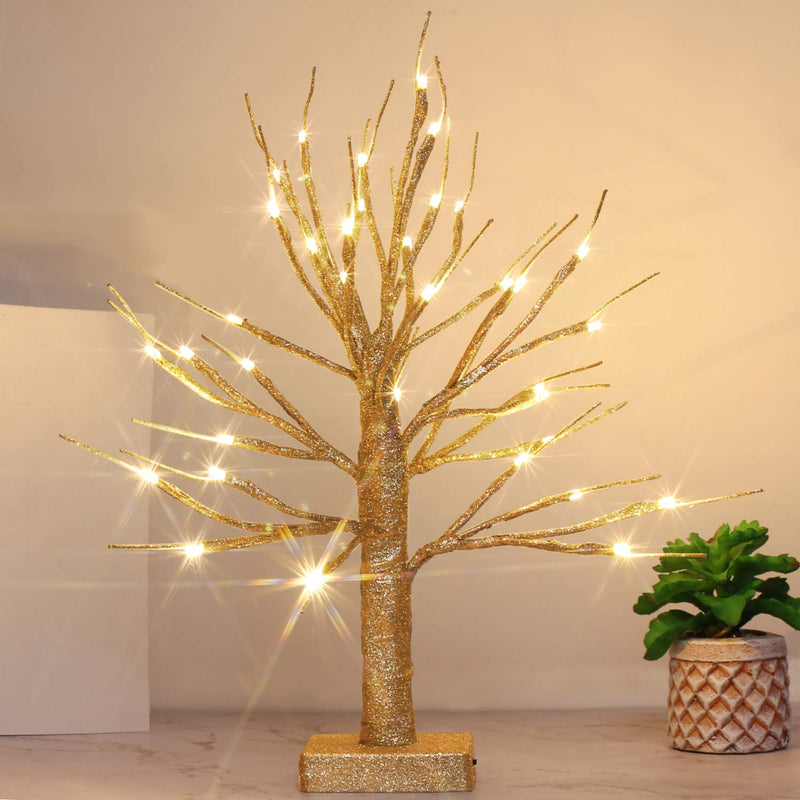  [AUSTRALIA] - Brightdeco Lighted Gold Glitter Birch Tree 18" H 36 LED Artificial Bonsai Lamp Money Tree for Indoor Use Great Décor for Home Bedroom Halloween Thanksgiving Christmas Easter Wedding Party Warm White