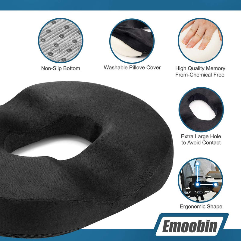  [AUSTRALIA] - Emoobin Donut Pillow Hemorrhoid Cushion - Memory Foam Donut Seat Cushion - Tailbone Pain Relief Cushion for Pregnancy, Coccyx, Bed Sores, Back, Sciatica,18 Inches Black