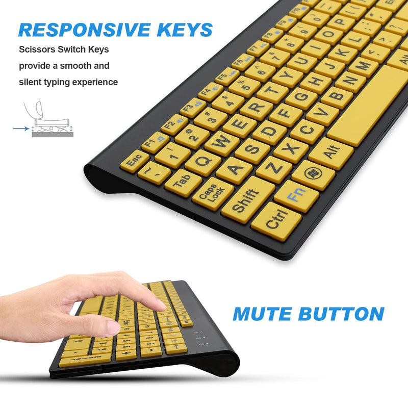  [AUSTRALIA] - Wireless Large Print Keyboard and Mouse Combo Set with USB Receiver for Visually Impaired Low Vision Individuals-Yellow