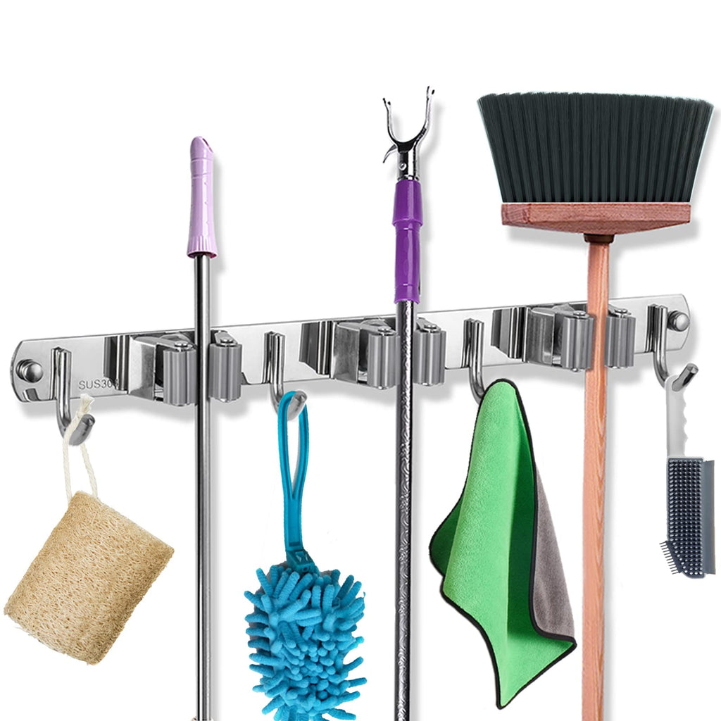  [AUSTRALIA] - Mop and Broom Holder Wall Mounted，Broom Mop Holders,Stainless Steel Mop Hangers，Heavy Duty Hooks for Laundry Room, Garden ,Garage, Kitchen (3 Racks with 4 Hooks, Silver )