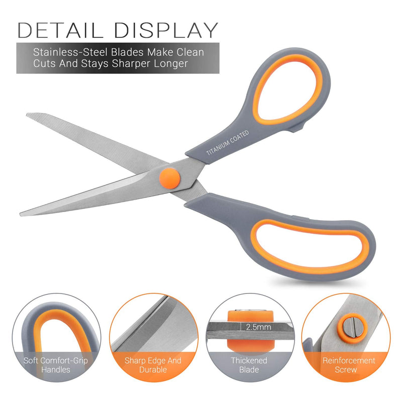  [AUSTRALIA] - Scissors 8" Multipurpose Scissors Titanium Coated Sturdy Sharp Scissors Right/Left Handed Comfort-Grip Handles for Office Home School Sewing Fabric Craft Supplies Gray