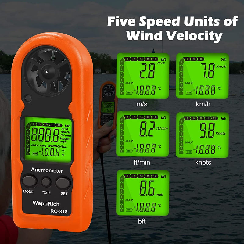  [AUSTRALIA] - Handheld Wind Meter WapoRich RQ-818, Digital LCD Backlight Wind Speed Meter Mini Wind Meter for Measuring Wind Speed/Temperature Portable Wind Meter for Surfing RQ-818 Mini Wind Meter