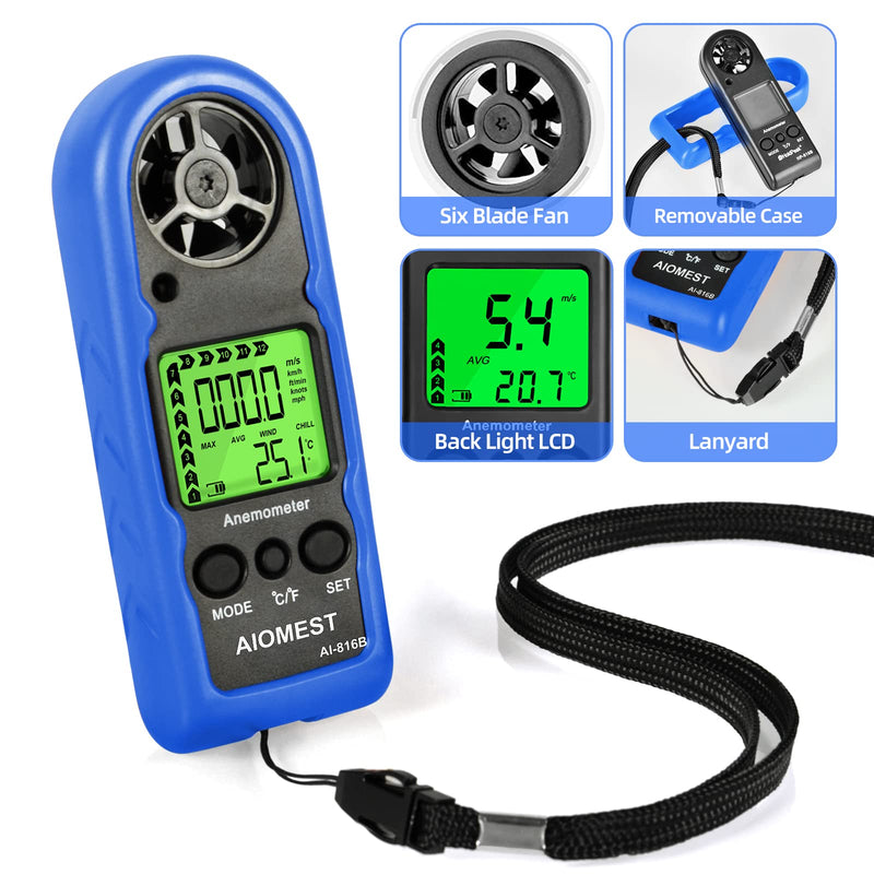  [AUSTRALIA] - AIOMEST Wind Meter, 816B Digital Anemometer Handheld Wind Meter with Backlight, Wind Chill, MAX/AVG for Measuring Wind Speed and Air Temperature. 1PCS