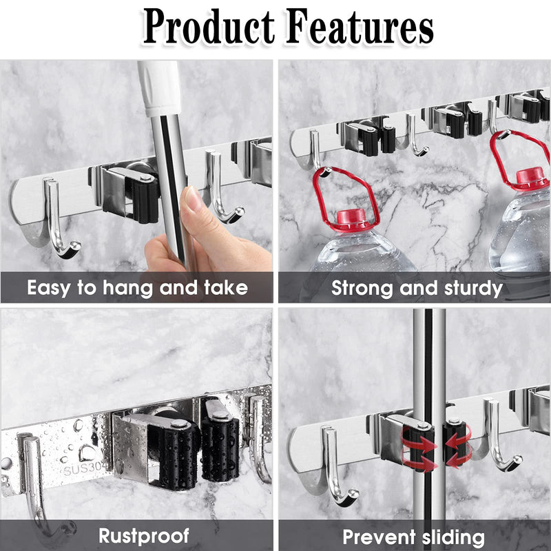  [AUSTRALIA] - 3 Racks and 4 Hooks Broom and Mop Holder Wall Mounted Garage Organizer Storage Tool Racks Stainless Steel Heavy Duty Hooks Self Adhesive Solid Non-slip Wall Hangers for Home Kitchen Garden Laundry 1 Pack 3 Racks & 4 Hooks