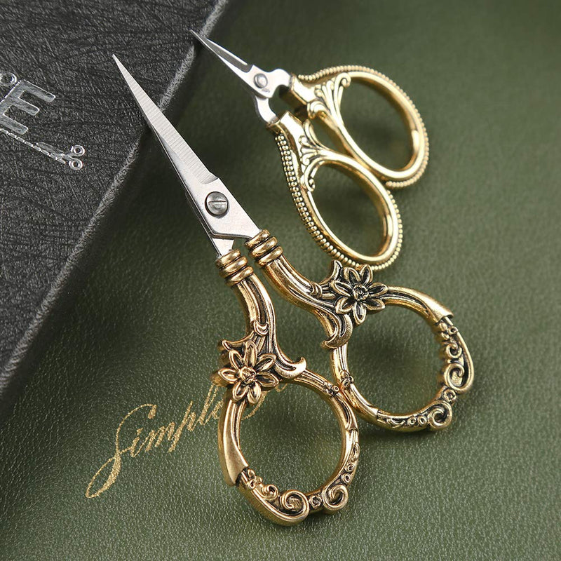  [AUSTRALIA] - 2 Pair Embroidery Scissors, Classic Daisy Design Scissors Sharp Tip Stainless Steel, Vintage Sewing Scissors DIY Tools Dressmaker Small Scissor for Fabric, Embroidery, Craft, Needlework (Golden)