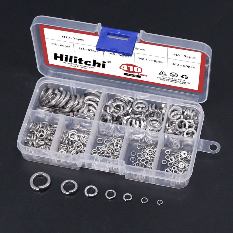  [AUSTRALIA] - Hilitchi 410-Pcs [8-Size] 304 Stainless Steel Spring Lock Washer Assortment Set - Size Included: M2 M2.5 M3 M4 M5 M6 M8 M10 silver